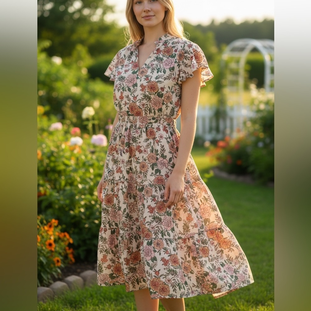 Monteau ⭐️HP⭐️Floral Ruffle Cap Sleeve Tiered Flare V-Neck Wrap Tie Midi Dress